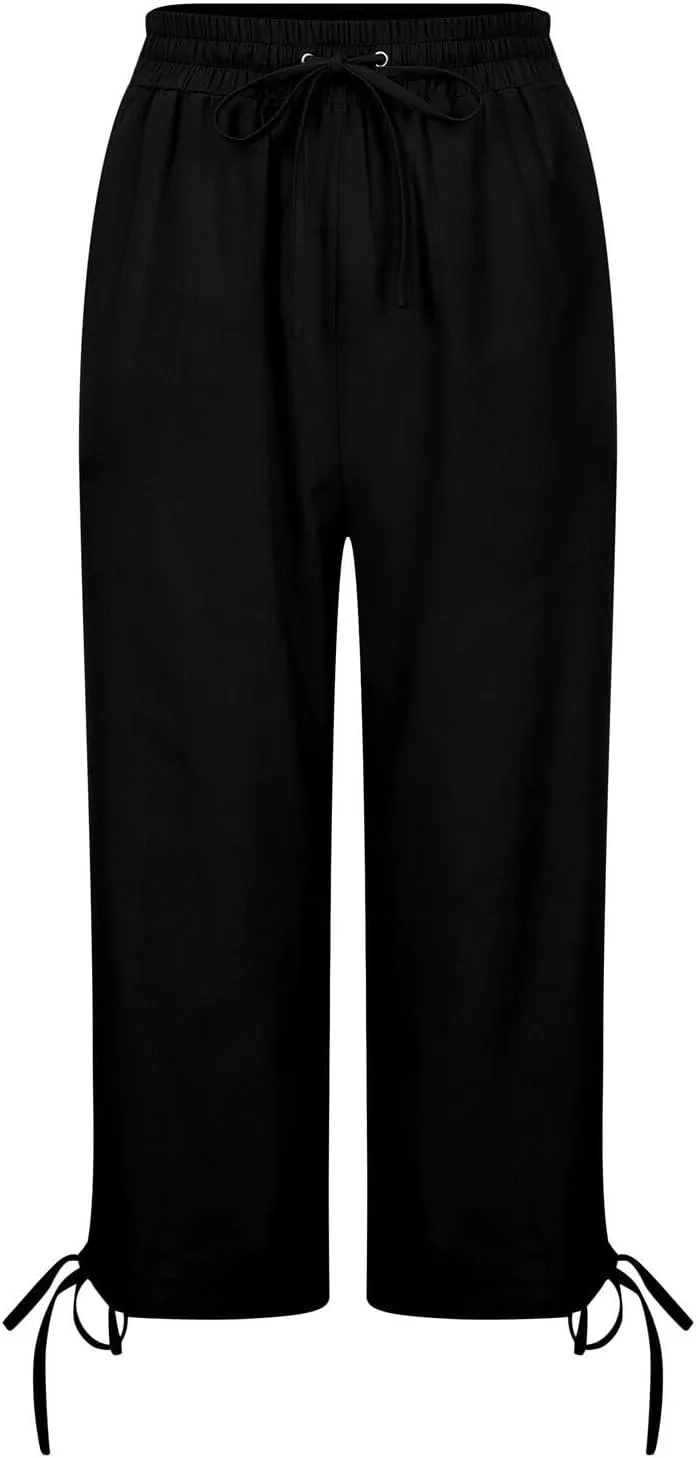 Capris Pants for Women Cotton Linen Casual Summer Wide Leg Loose Drawstring Elastic Waist Cropped Trouser S-XXL
