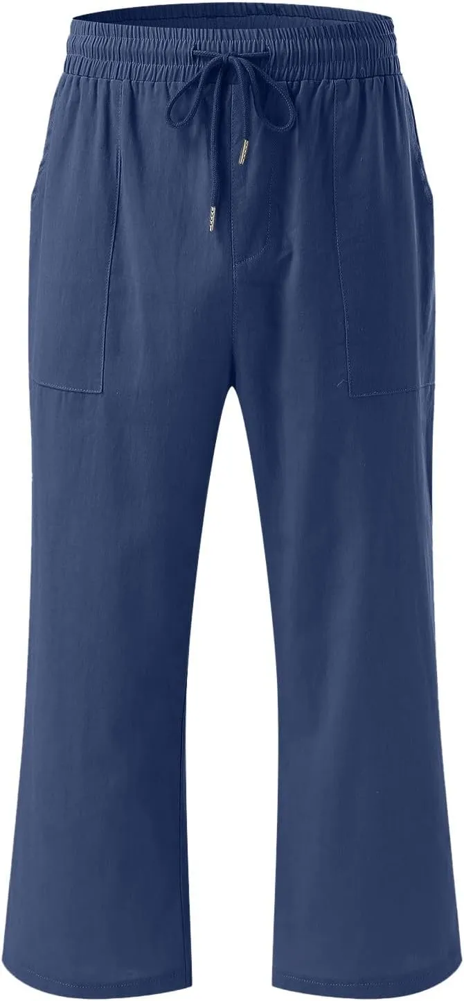 Capris Pants for Women Cotton Linen Casual Summer Wide Leg Loose Drawstring Elastic Waist Cropped Trouser S-XXL
