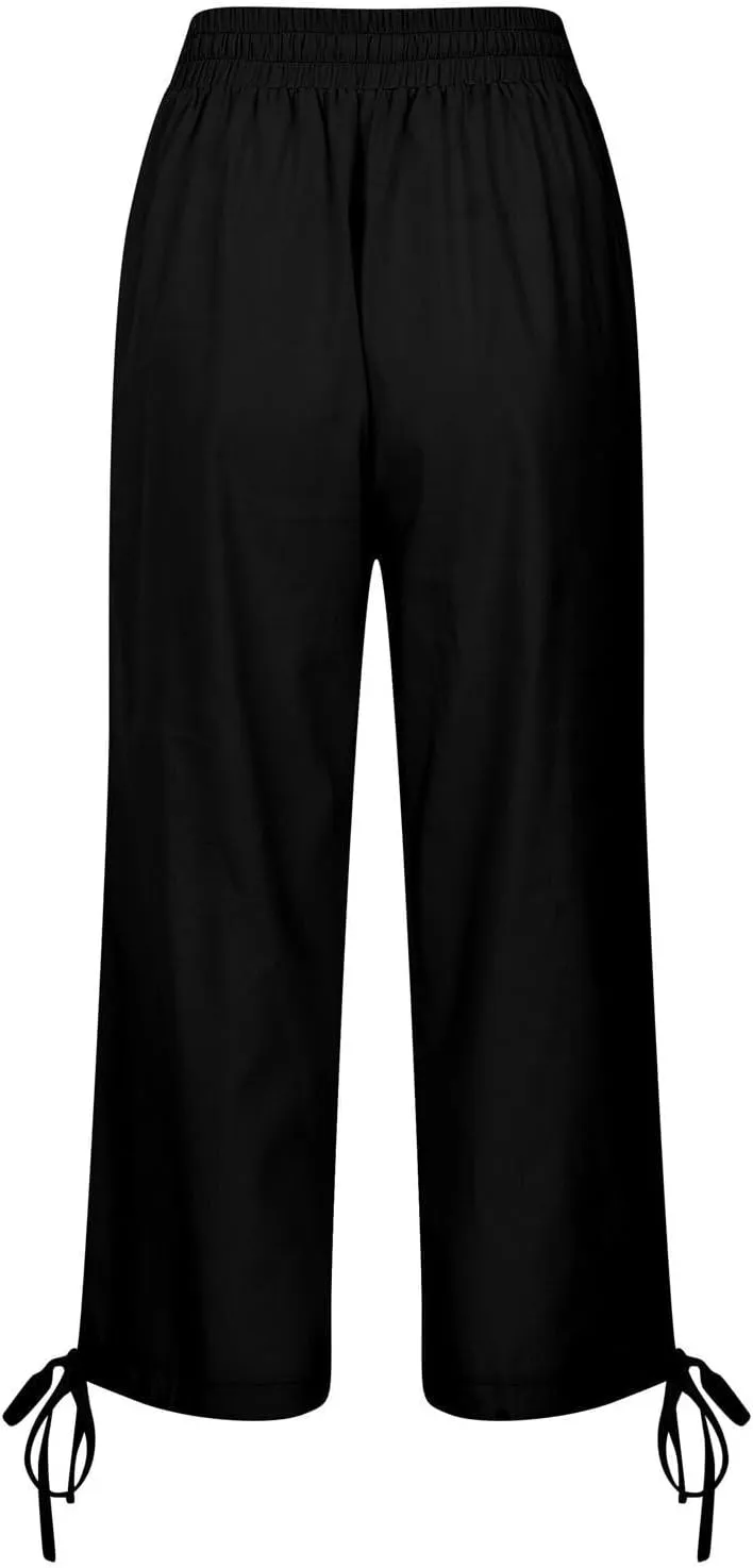 Capris Pants for Women Cotton Linen Casual Summer Wide Leg Loose Drawstring Elastic Waist Cropped Trouser S-XXL