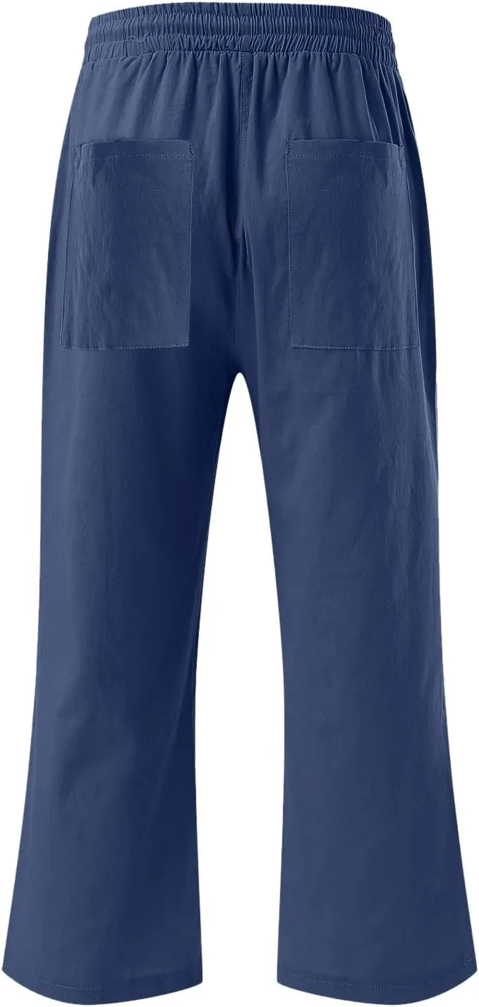 Capris Pants for Women Cotton Linen Casual Summer Wide Leg Loose Drawstring Elastic Waist Cropped Trouser S-XXL