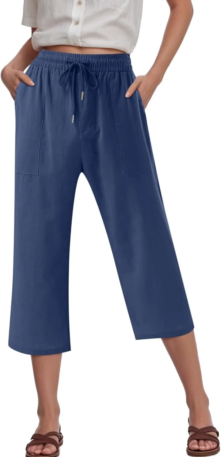 Capris Pants for Women Cotton Linen Casual Summer Wide Leg Loose Drawstring Elastic Waist Cropped Trouser S-XXL