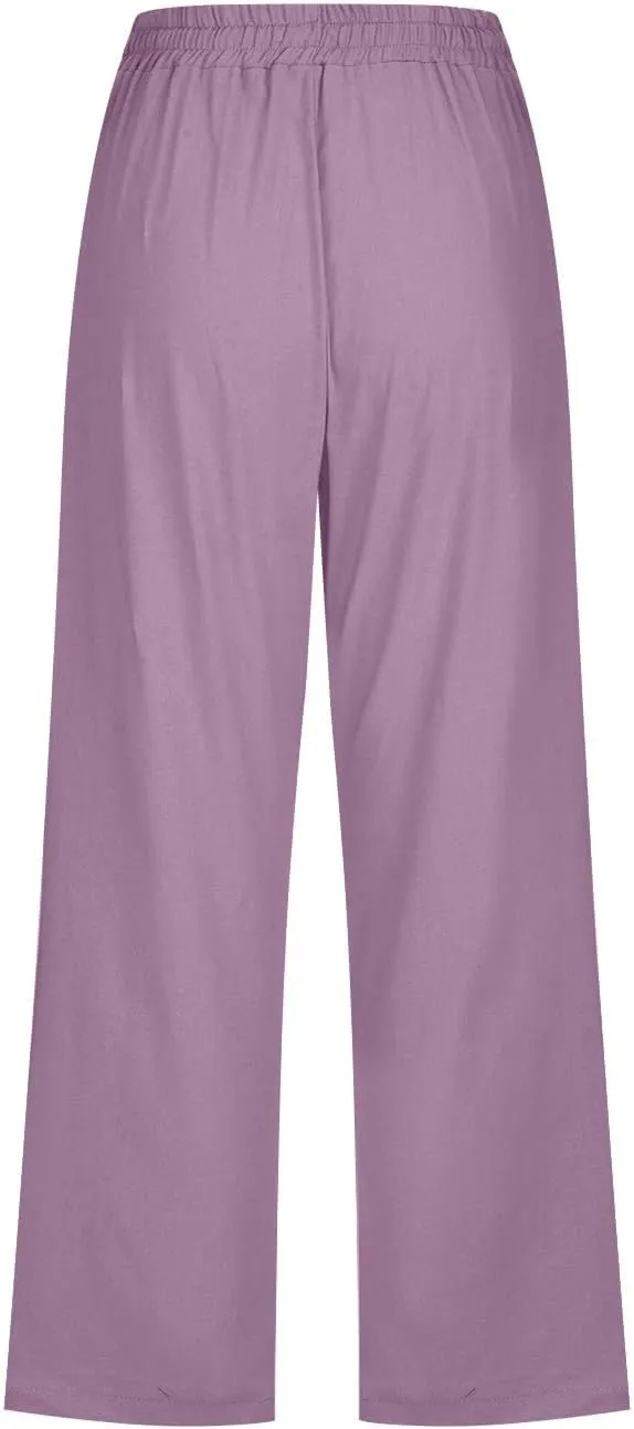 Capris Pants for Women Cotton Linen Casual Summer Wide/Straight Leg Loose Drawstring Elastic Waist Cropped Trousers