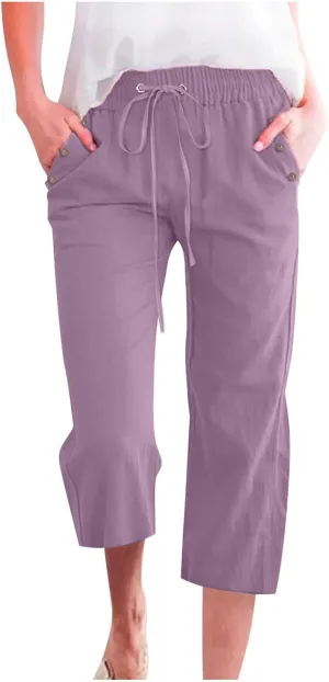 Capris Pants for Women Cotton Linen Casual Summer Wide/Straight Leg Loose Drawstring Elastic Waist Cropped Trousers