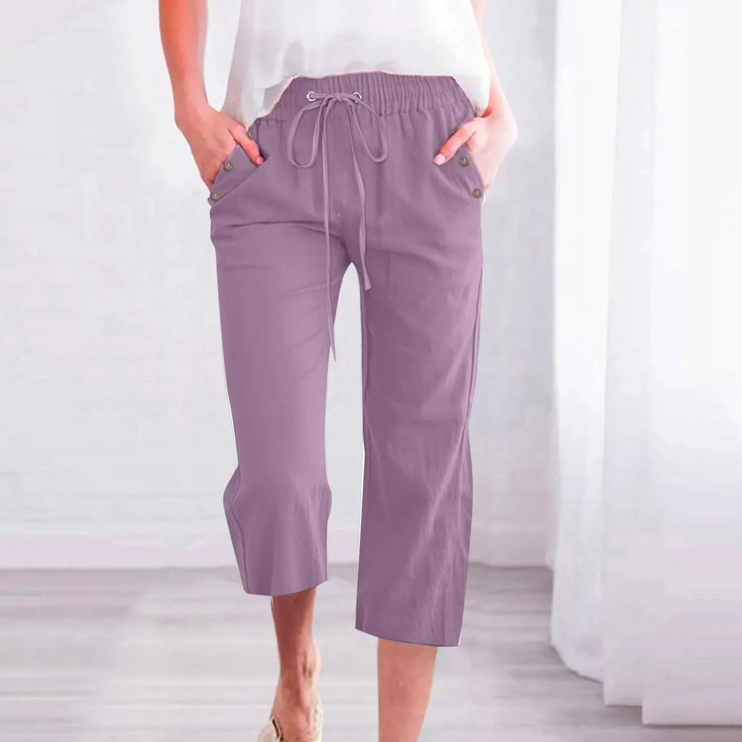 Capris Pants for Women Cotton Linen Casual Summer Wide/Straight Leg Loose Drawstring Elastic Waist Cropped Trousers