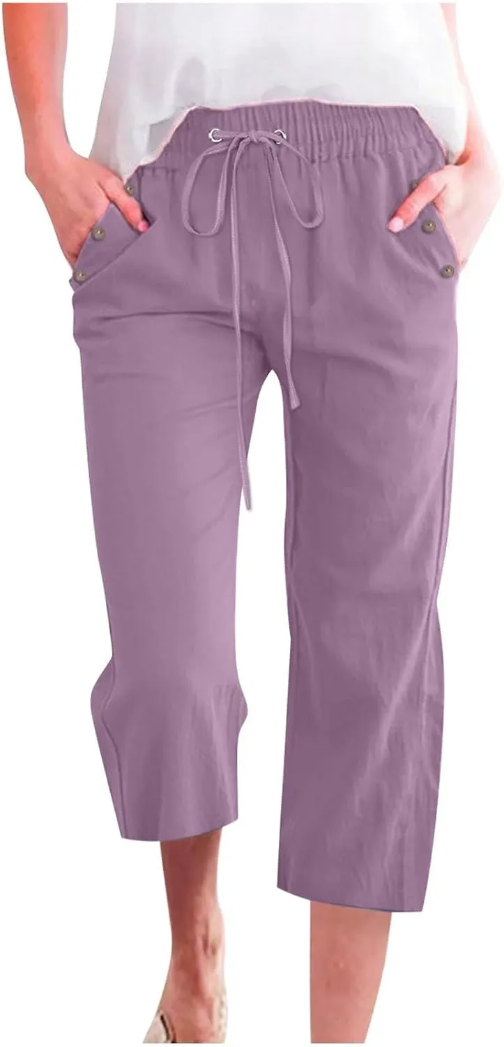 Capris Pants for Women Cotton Linen Casual Summer Wide/Straight Leg Loose Drawstring Elastic Waist Cropped Trousers