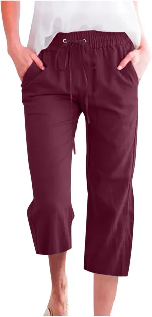 Capris Pants for Women Summer 2025 Plus Size Cotton Linen Pants Straight Leg Drawstring Elastic Waist Cropped Trouser