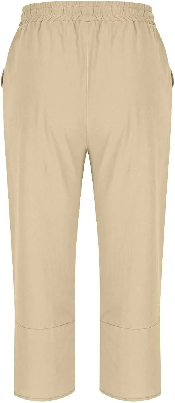 Capris Pants for Women Summer High Waisted Linen Pants Casual Loose Beach Vacation Cropped Trousers with Pockets