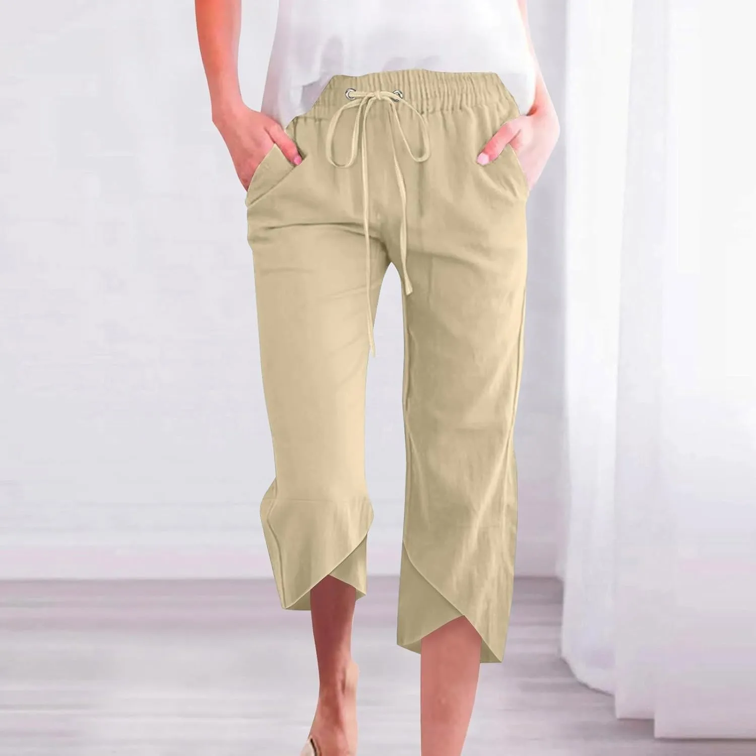 Capris Pants for Women Summer High Waisted Linen Pants Casual Loose Beach Vacation Cropped Trousers with Pockets