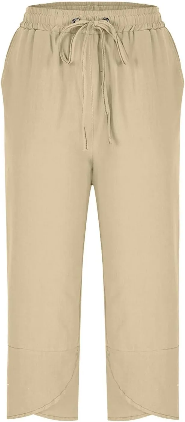Capris Pants for Women Summer High Waisted Linen Pants Casual Loose Beach Vacation Cropped Trousers with Pockets