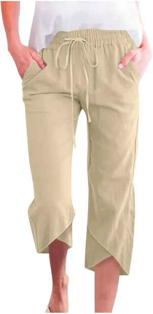 Capris Pants for Women Summer High Waisted Linen Pants Casual Loose Beach Vacation Cropped Trousers with Pockets