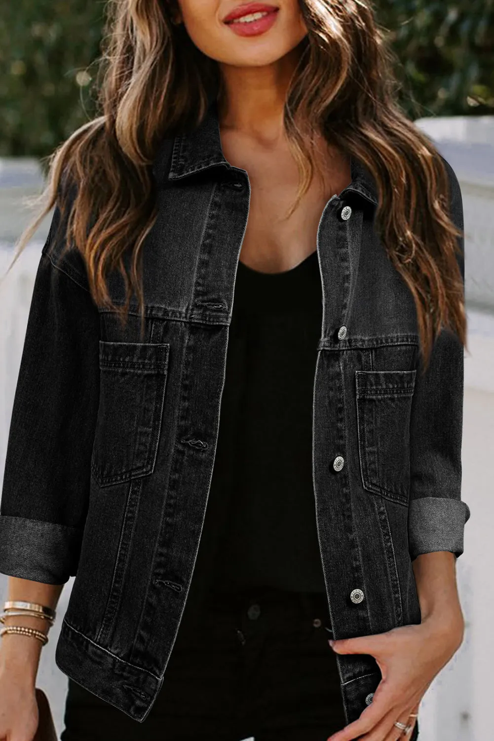 Casual Raw Trim Long Sleeve Single Breasted Button Denim Jacket