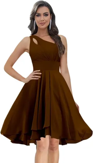 Chiffon One Shoulder Bridesmaid Dresses Short with Pleats A-line Formal Party Dresses for Women
