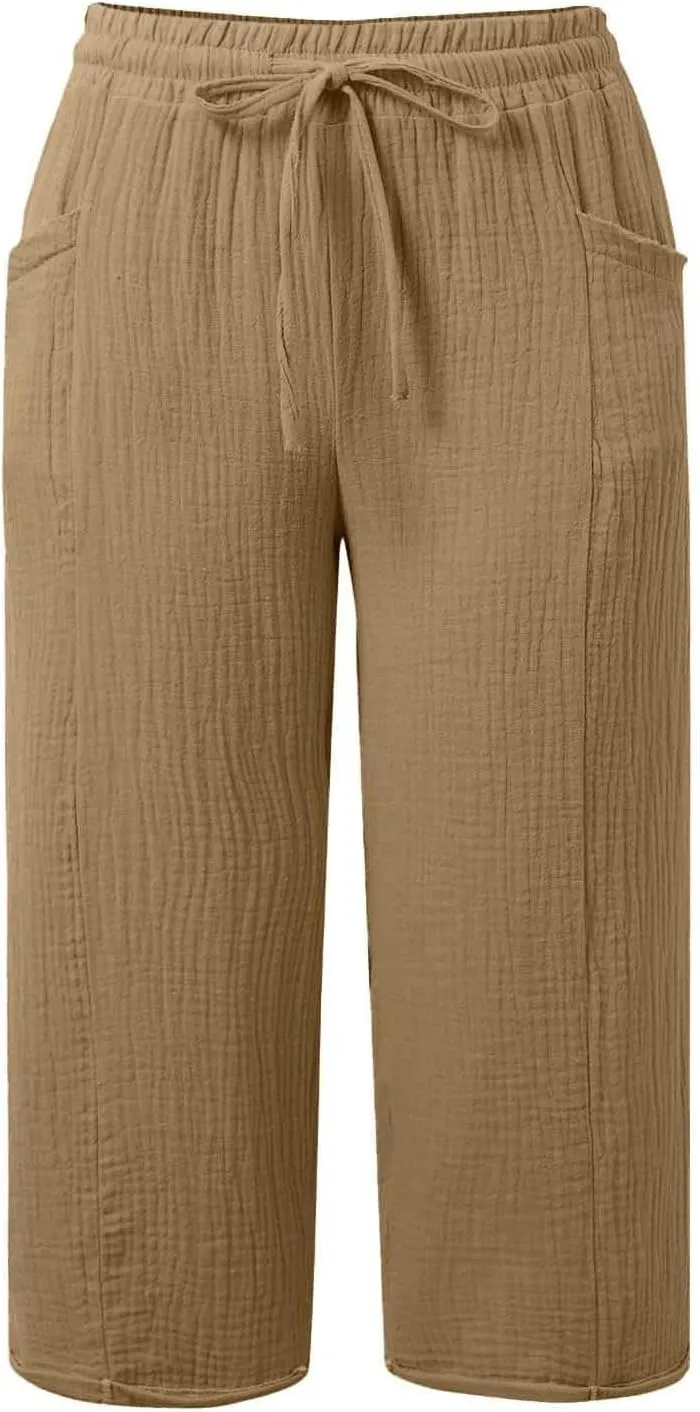 Cotton Linen Capri Pants for Women 2025 Summer Casual Plus Size Capris Wide Leg High Waisted Drawstring Crop Pants