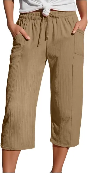 Cotton Linen Capri Pants for Women 2025 Summer Casual Plus Size Capris Wide Leg High Waisted Drawstring Crop Pants
