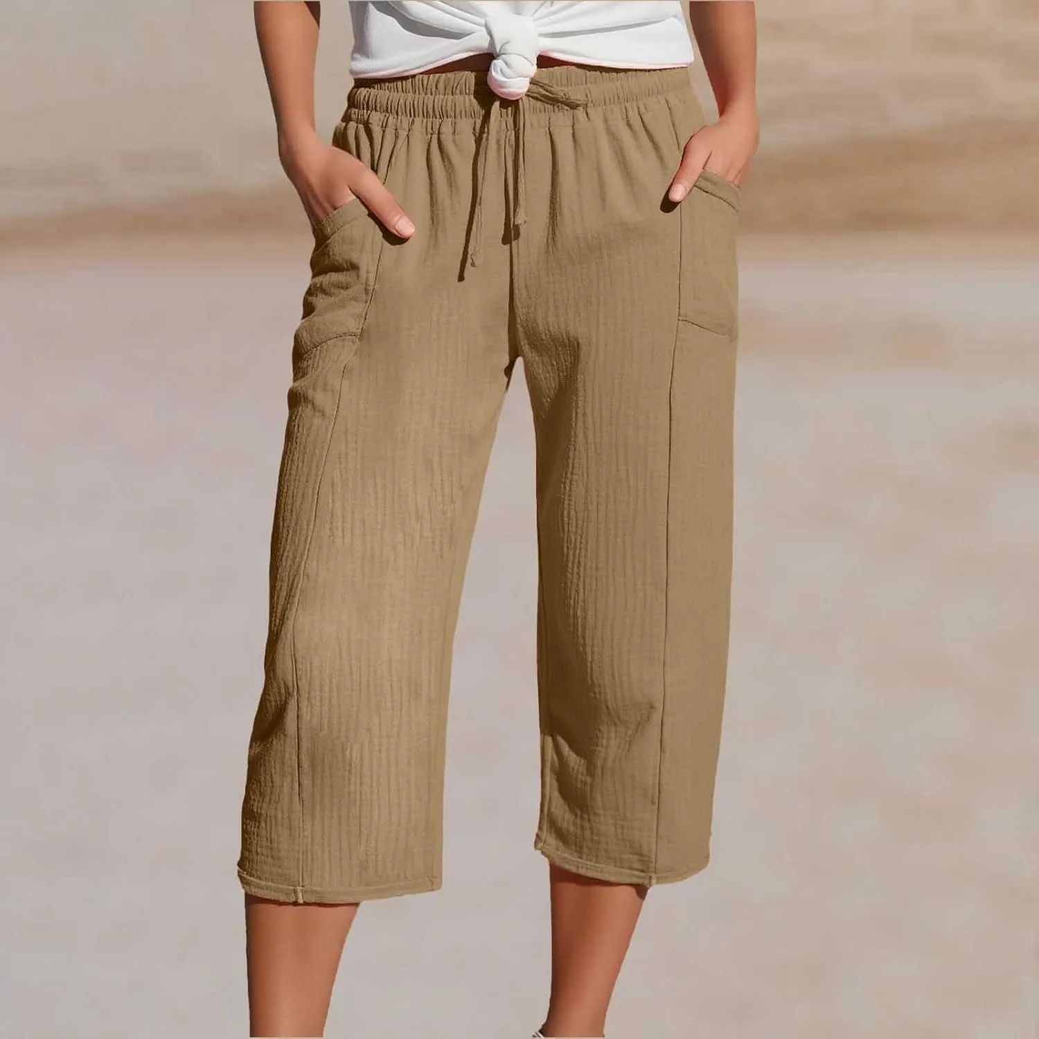 Cotton Linen Capri Pants for Women 2025 Summer Casual Plus Size Capris Wide Leg High Waisted Drawstring Crop Pants