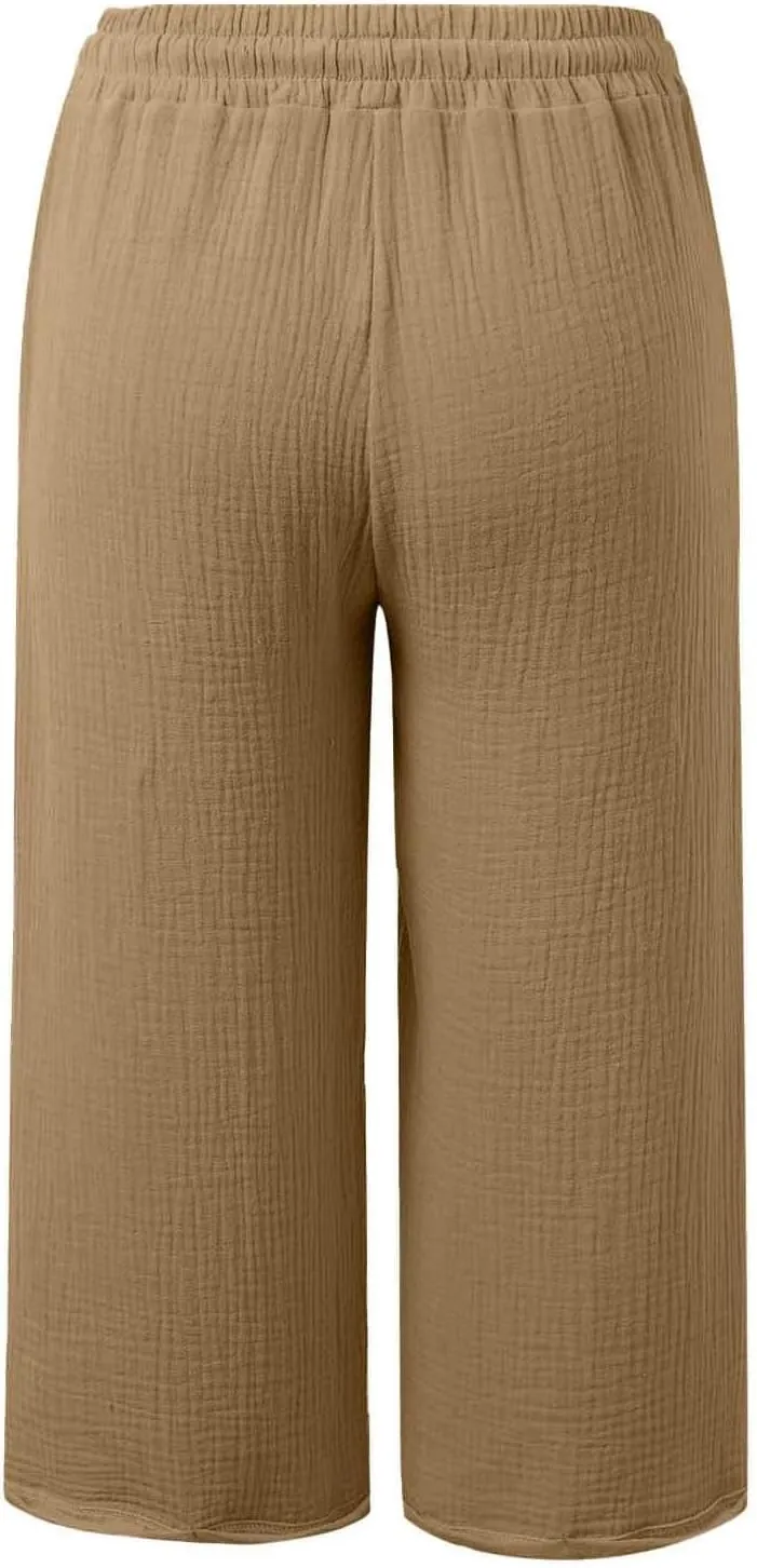 Cotton Linen Capri Pants for Women 2025 Summer Casual Plus Size Capris Wide Leg High Waisted Drawstring Crop Pants