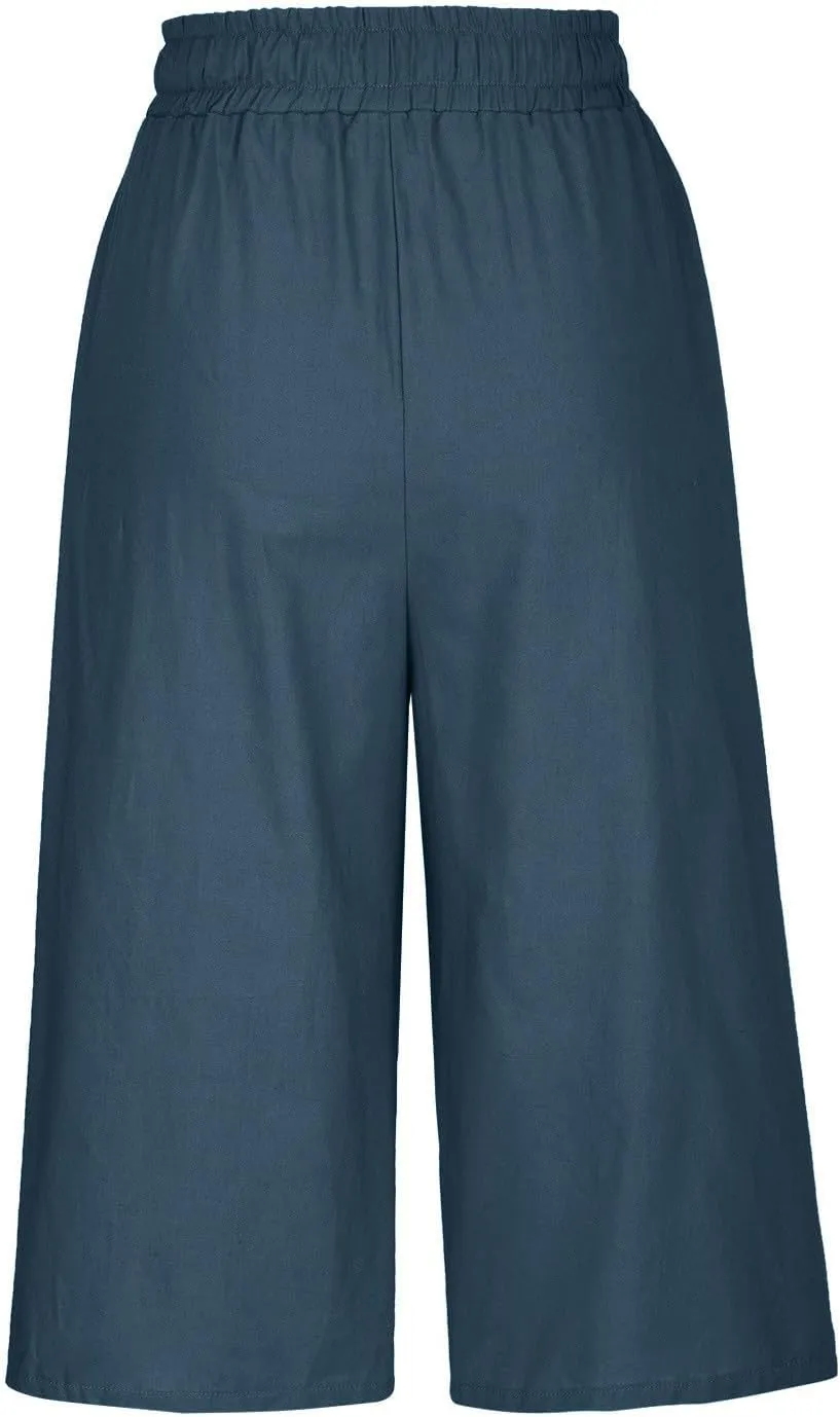 Cotton Linen Capri Pants for Women Casual Summer Wide Leg Pants Drawstring Stretch Yoga Capris Lounge Cropped Pants