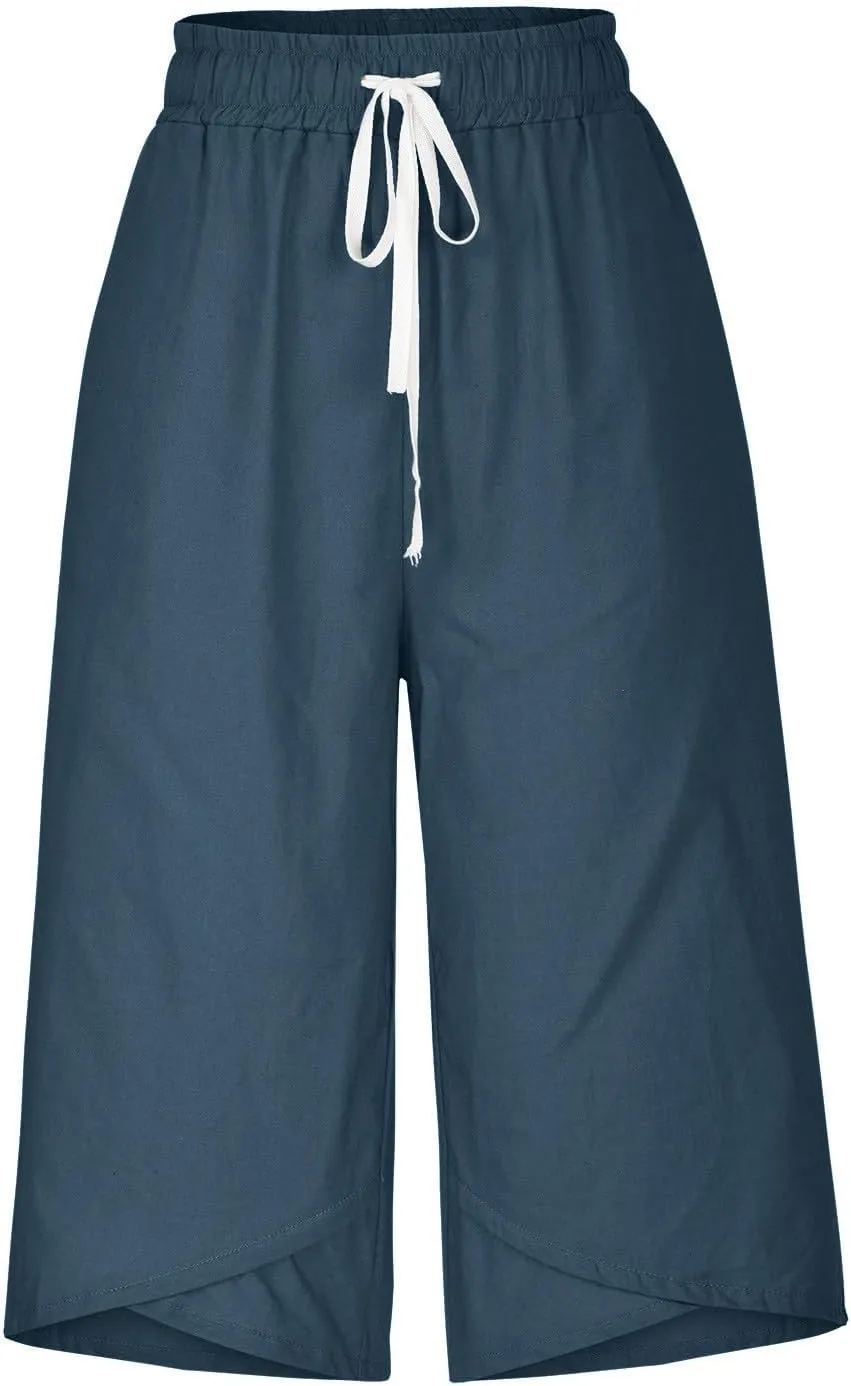 Cotton Linen Capri Pants for Women Casual Summer Wide Leg Pants Drawstring Stretch Yoga Capris Lounge Cropped Pants