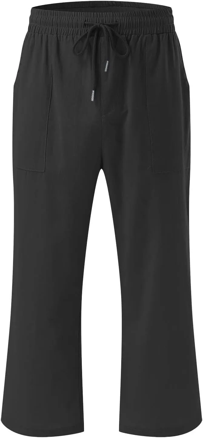 Cotton Linen Capris for Women Straight Leg Casual Summer Beach Pants Elastic Waist Pull On Capri Pants with Pockets