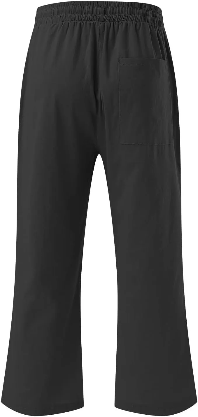Cotton Linen Capris for Women Straight Leg Casual Summer Beach Pants Elastic Waist Pull On Capri Pants with Pockets