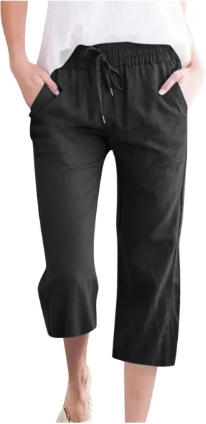 Cotton Linen Capris for Women Straight Leg Casual Summer Beach Pants Elastic Waist Pull On Capri Pants with Pockets