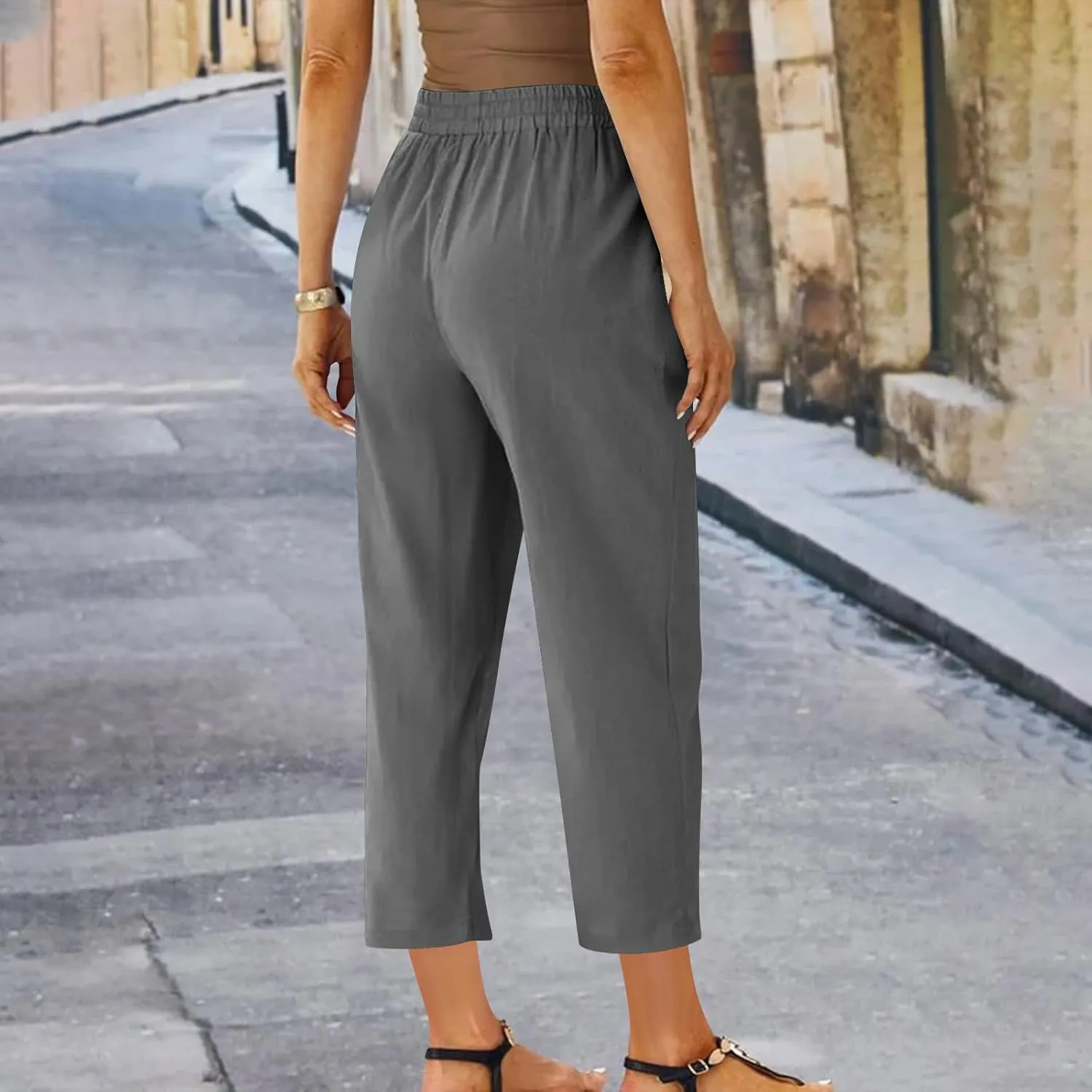 Cotton Linen Cropped Pants for Women High Waist Straight Leg Lounge Capris Casual Slacks Summer Trouser with Pockets