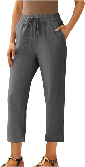 Cotton Linen Cropped Pants for Women High Waist Straight Leg Lounge Capris Casual Slacks Summer Trouser with Pockets
