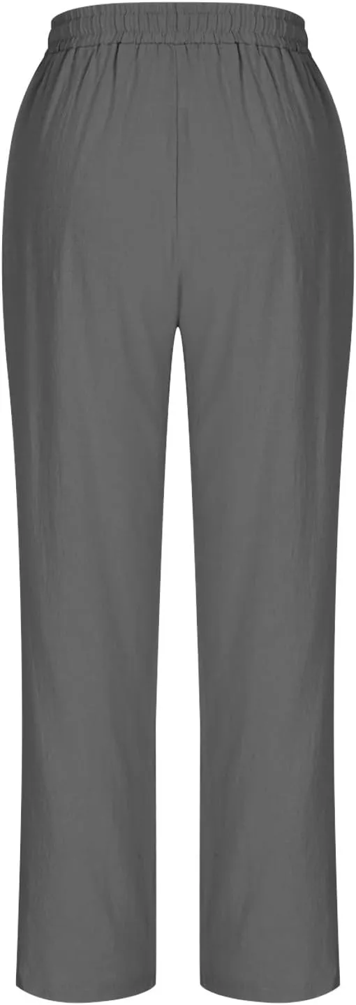 Cotton Linen Cropped Pants for Women High Waist Straight Leg Lounge Capris Casual Slacks Summer Trouser with Pockets