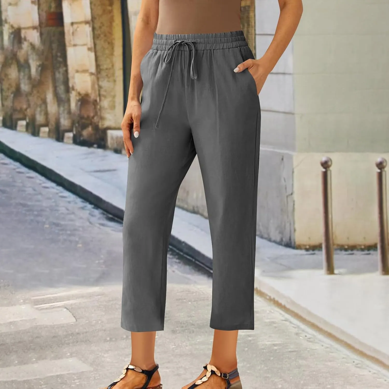Cotton Linen Cropped Pants for Women High Waist Straight Leg Lounge Capris Casual Slacks Summer Trouser with Pockets