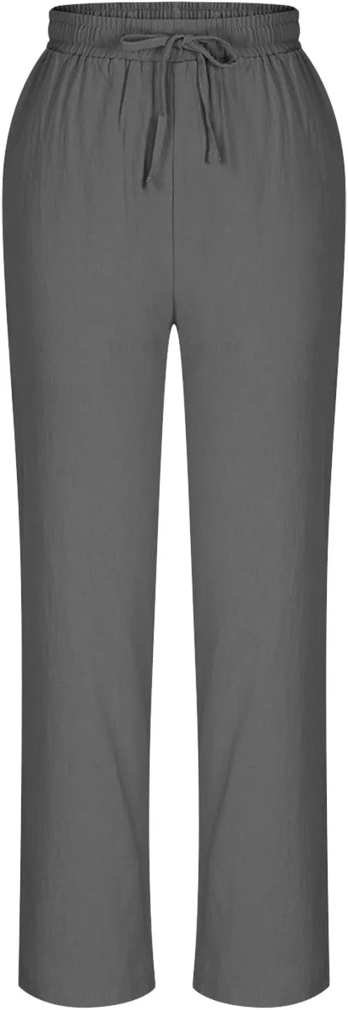 Cotton Linen Cropped Pants for Women High Waist Straight Leg Lounge Capris Casual Slacks Summer Trouser with Pockets