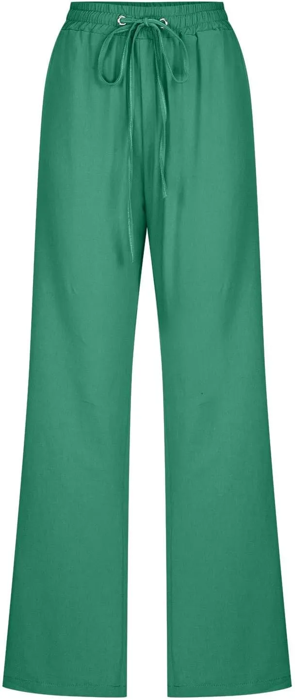 Cotton Linen Pants for Women Drawstring Straight Leg Trousers Lightweight High Waist Casual Pant Beach Travel Clothes