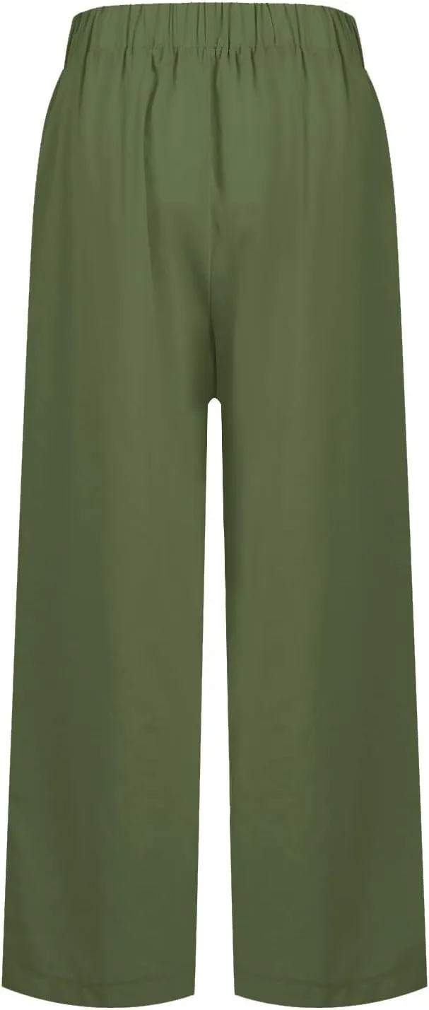 Cotton Linen Pants Women Summer Elastic Waist Straight Leg Plus Size Cropped Pants Casual Beach Trousers with Pockets