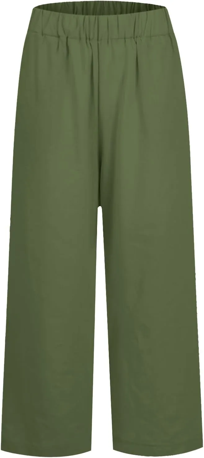 Cotton Linen Pants Women Summer Elastic Waist Straight Leg Plus Size Cropped Pants Casual Beach Trousers with Pockets