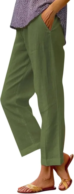 Cotton Linen Pants Women Summer Elastic Waist Straight Leg Plus Size Cropped Pants Casual Beach Trousers with Pockets