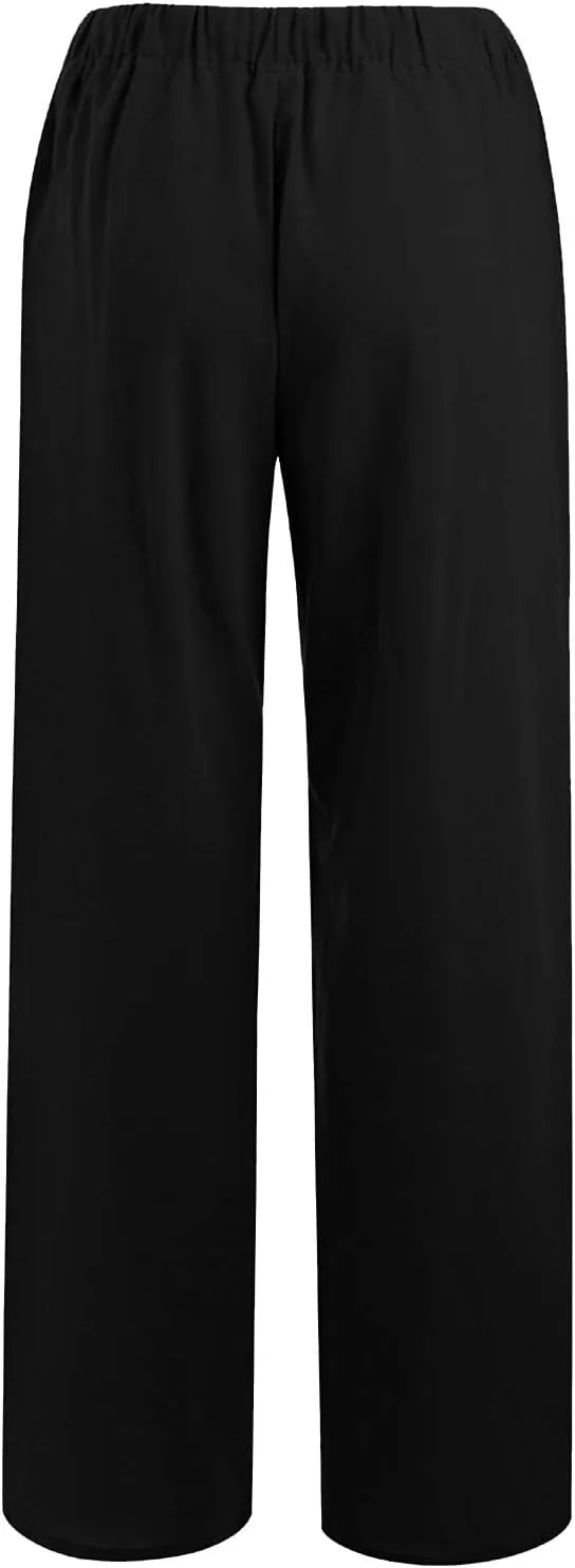 Cotton Linen Pants Women Summer Wide Leg Drawstring High Waisted Palazzo Pants Casual Loose Trousers with Pockets