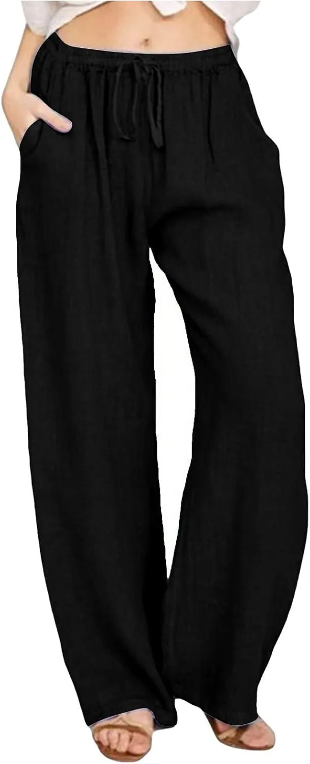 Cotton Linen Pants Women Summer Wide Leg Drawstring High Waisted Palazzo Pants Casual Loose Trousers with Pockets