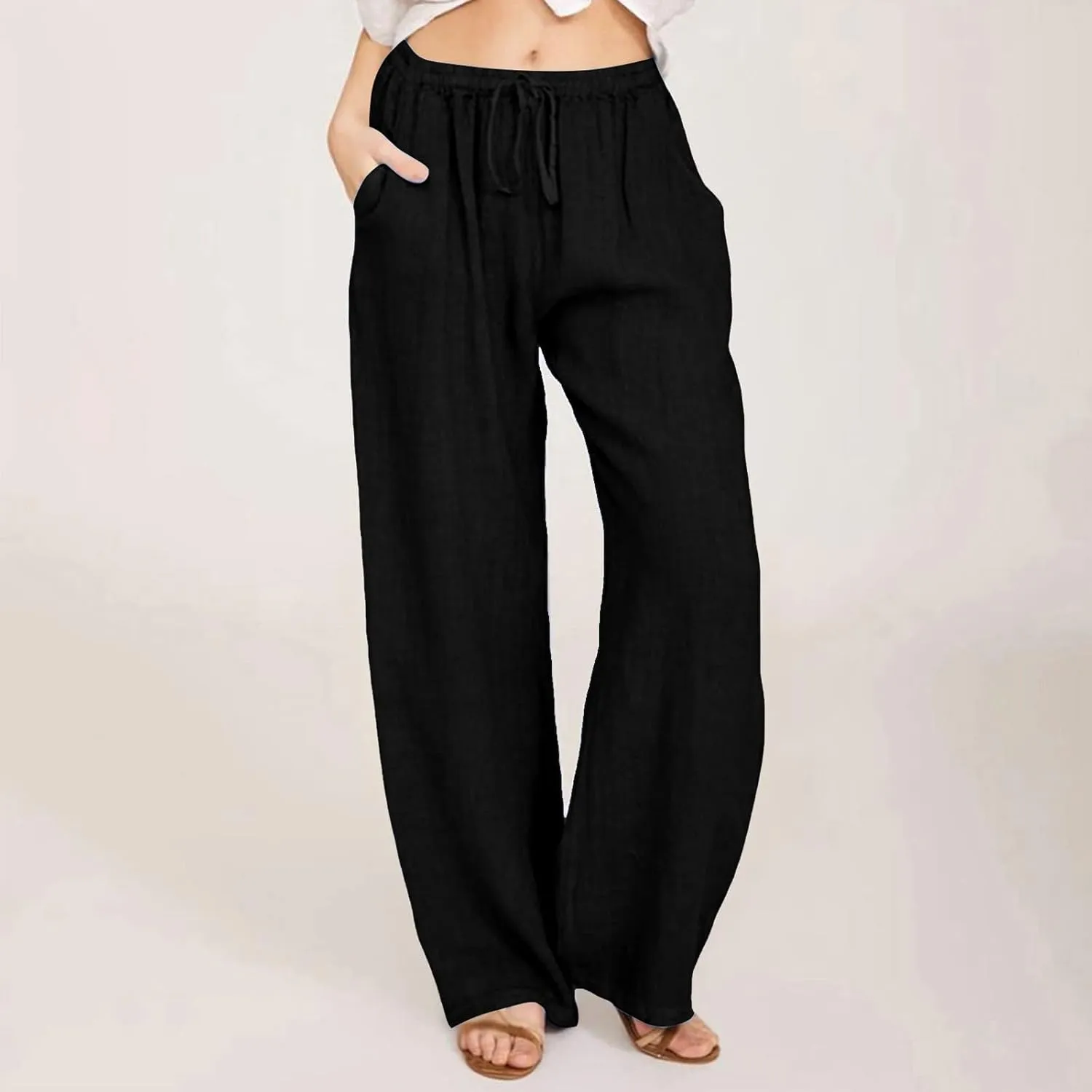 Cotton Linen Pants Women Summer Wide Leg Drawstring High Waisted Palazzo Pants Casual Loose Trousers with Pockets