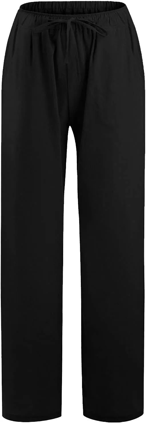 Cotton Linen Pants Women Summer Wide Leg Drawstring High Waisted Palazzo Pants Casual Loose Trousers with Pockets
