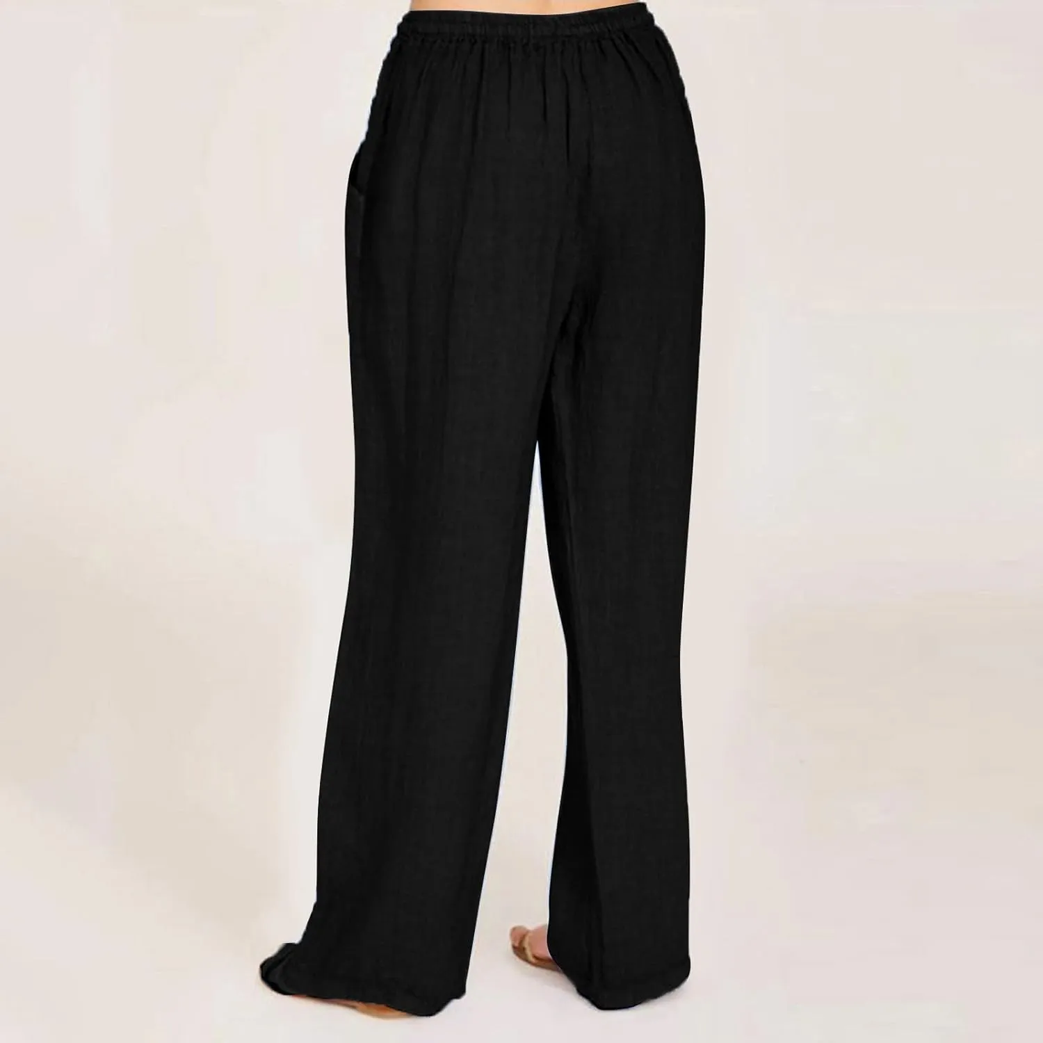 Cotton Linen Pants Women Summer Wide Leg Drawstring High Waisted Palazzo Pants Casual Loose Trousers with Pockets