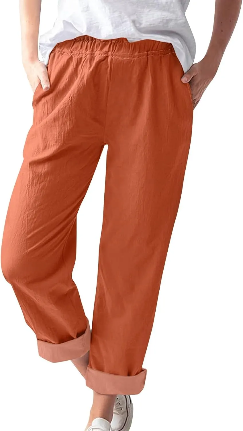 Cotton Linen Trouser Pants for Women Boho Beach Capris Pants 2024 Casual Summer Lightweight Drawstring Pants Pockets