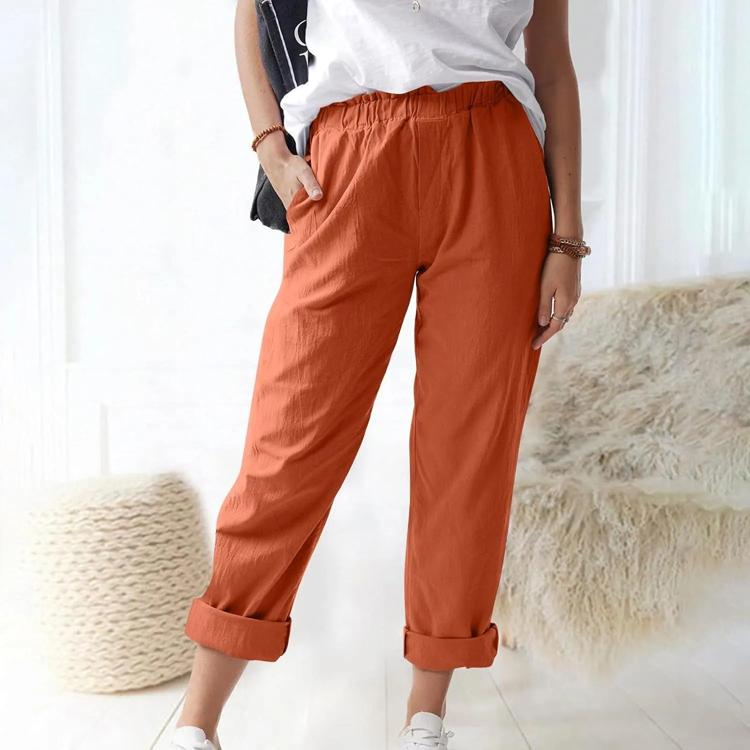 Cotton Linen Trouser Pants for Women Boho Beach Capris Pants 2024 Casual Summer Lightweight Drawstring Pants Pockets