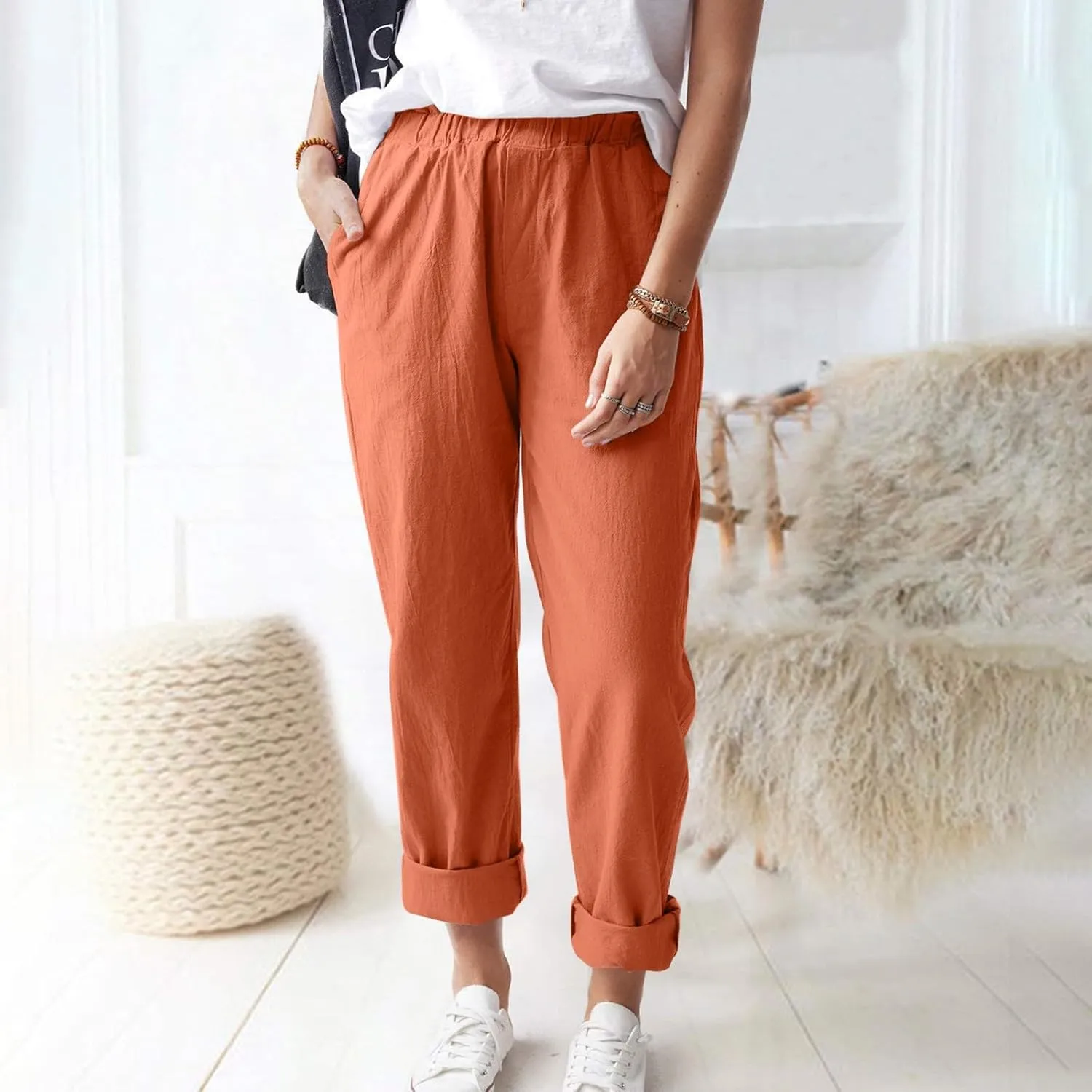 Cotton Linen Trouser Pants for Women Boho Beach Capris Pants 2024 Casual Summer Lightweight Drawstring Pants Pockets