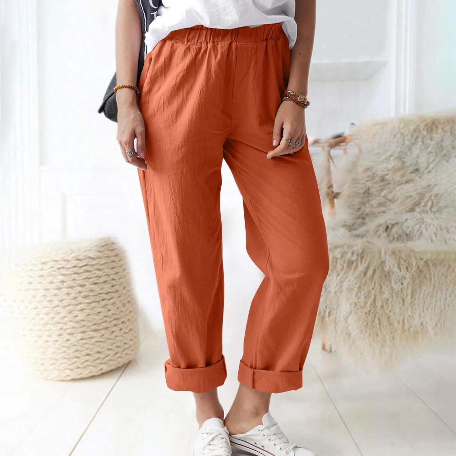 Cotton Linen Trouser Pants for Women Boho Beach Capris Pants 2024 Casual Summer Lightweight Drawstring Pants Pockets