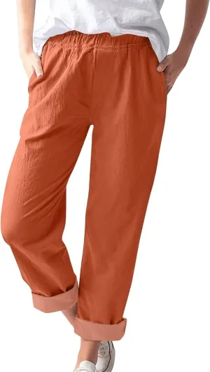 Cotton Linen Trouser Pants for Women Boho Beach Capris Pants 2024 Casual Summer Lightweight Drawstring Pants Pockets