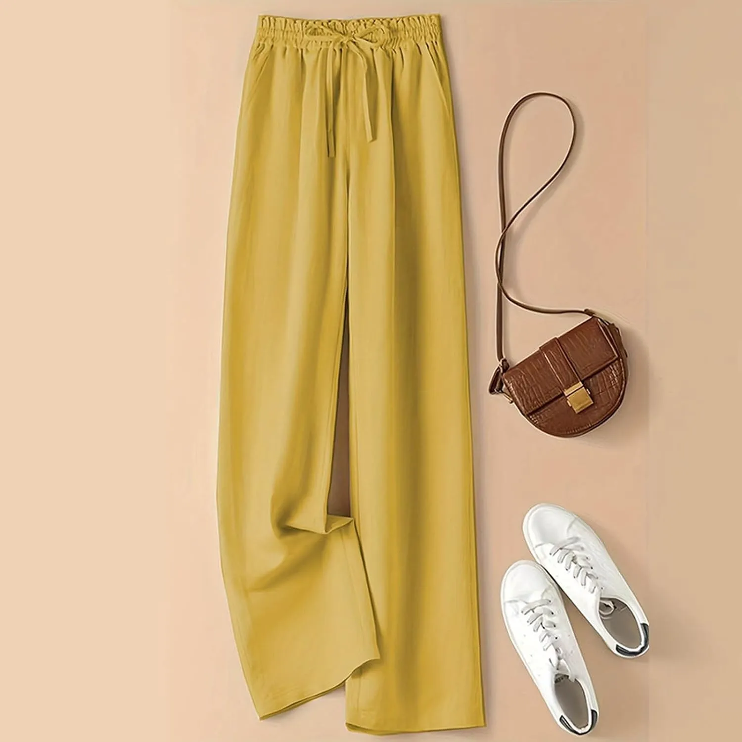 Cotton Linen Wide Leg Pants for Women Summer Casual Yoga Palazzo Pants High Waist Straight Leg Trousers with Pockets