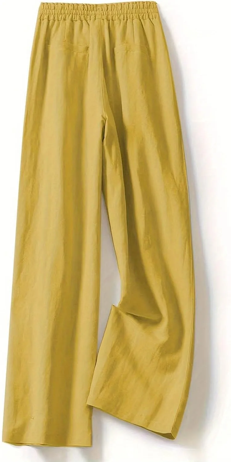 Cotton Linen Wide Leg Pants for Women Summer Casual Yoga Palazzo Pants High Waist Straight Leg Trousers with Pockets