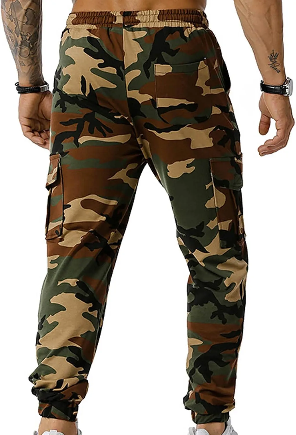 Cotton Men's Camo Jogger Pants Elastic Waist Drawstring Slim Fit Cargo Pockets Breathable Casual Outdoor Workout