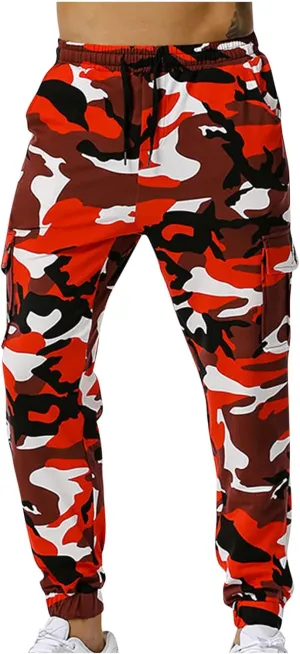 Cotton Men's Camo Jogger Pants Elastic Waist Drawstring Slim Fit Cargo Pockets Breathable Casual Outdoor Workout