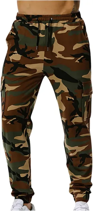 Cotton Men's Camo Jogger Pants Elastic Waist Drawstring Slim Fit Cargo Pockets Breathable Casual Outdoor Workout