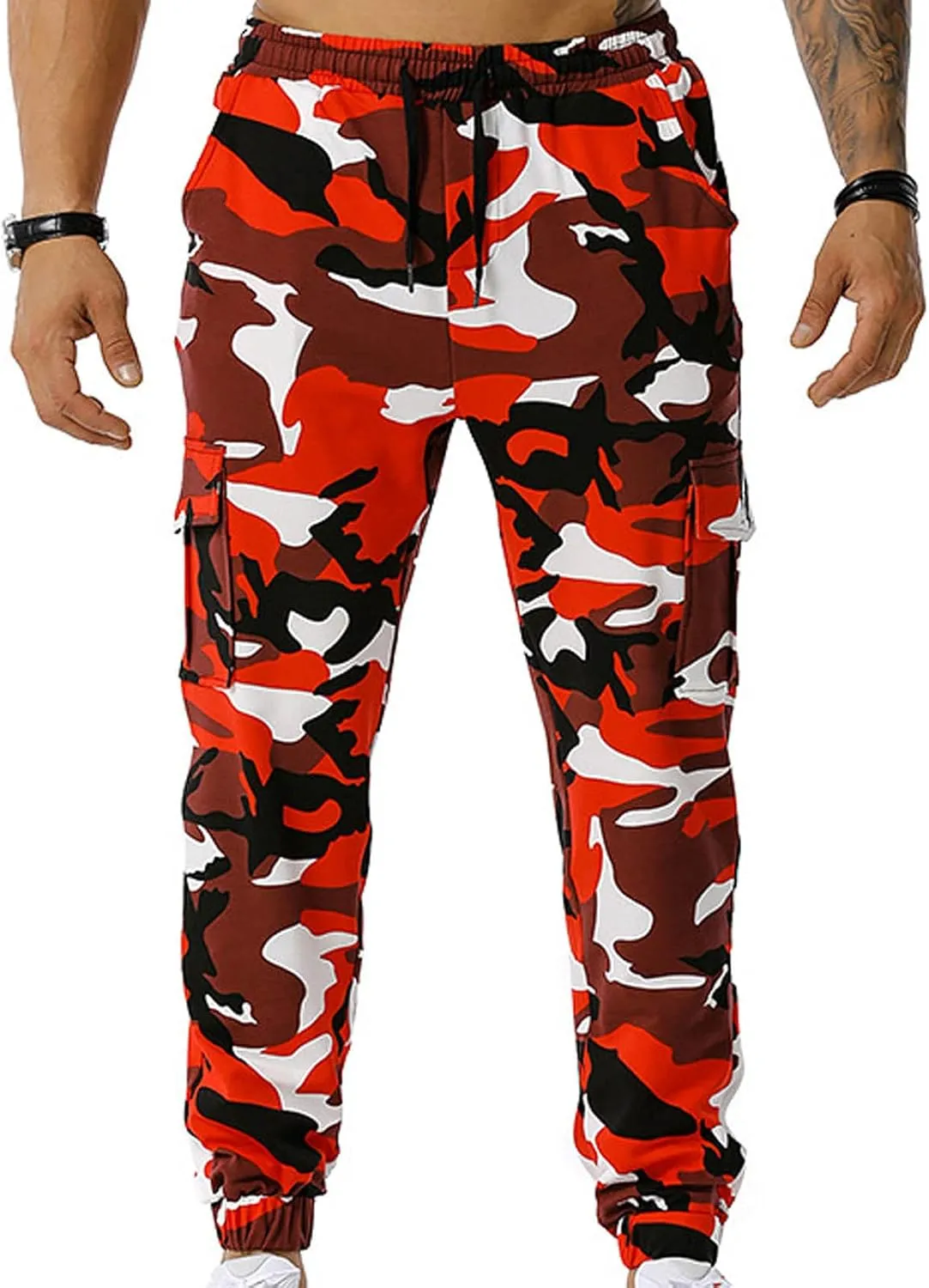Cotton Men's Camo Jogger Pants Elastic Waist Drawstring Slim Fit Cargo Pockets Breathable Casual Outdoor Workout